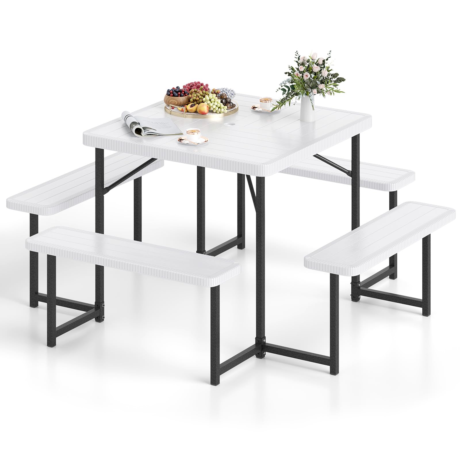 Tangkula 8 Person Picnic Table HDPE Outdoor Square Table and Bench Set